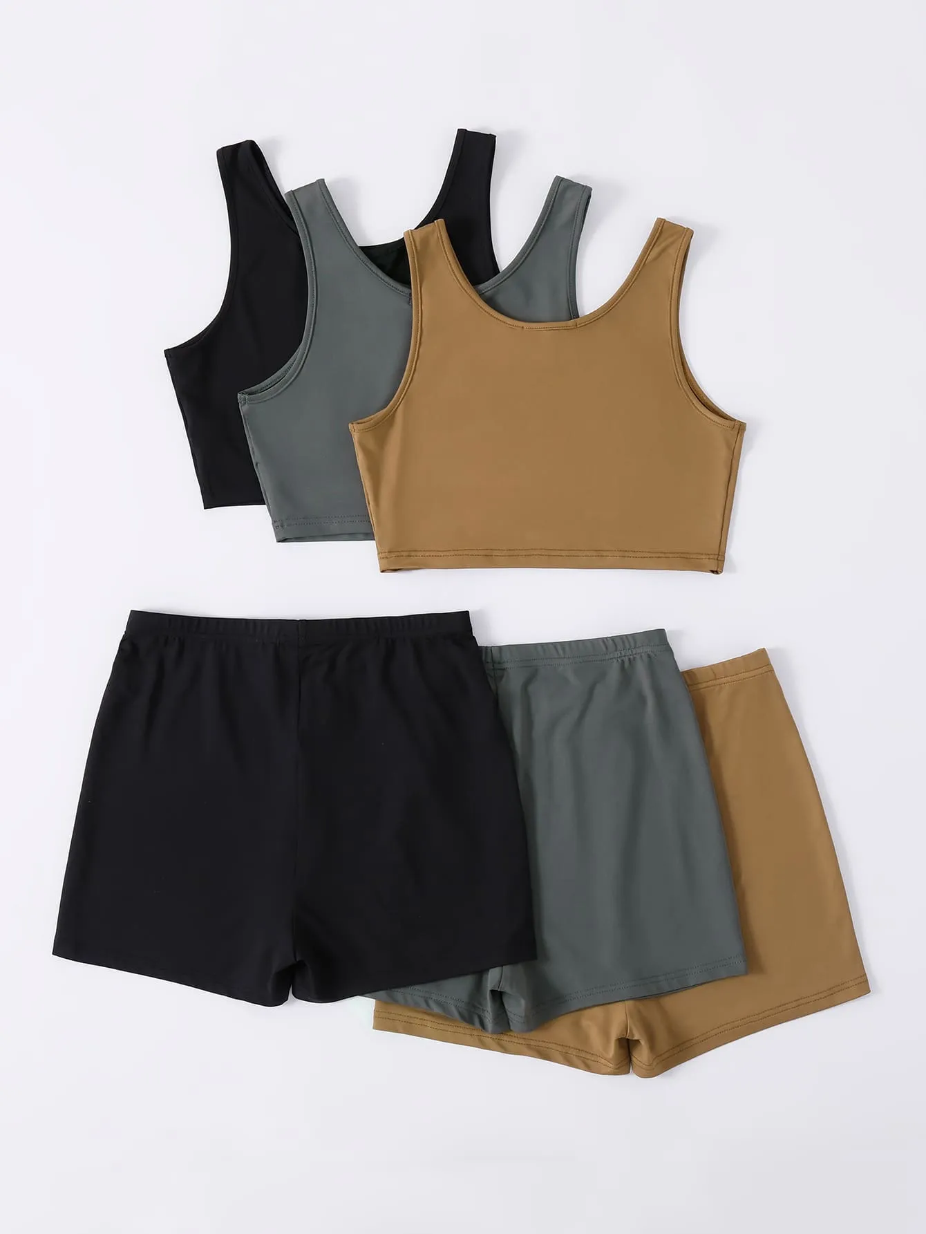 3 Sets Comfortable Crop Tank Elastic Waist Shorts Set