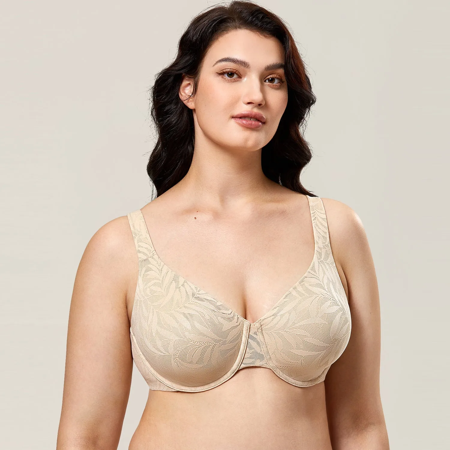 Beige Printed Lace Full Coverage Underwire Comfortable Bra for Women