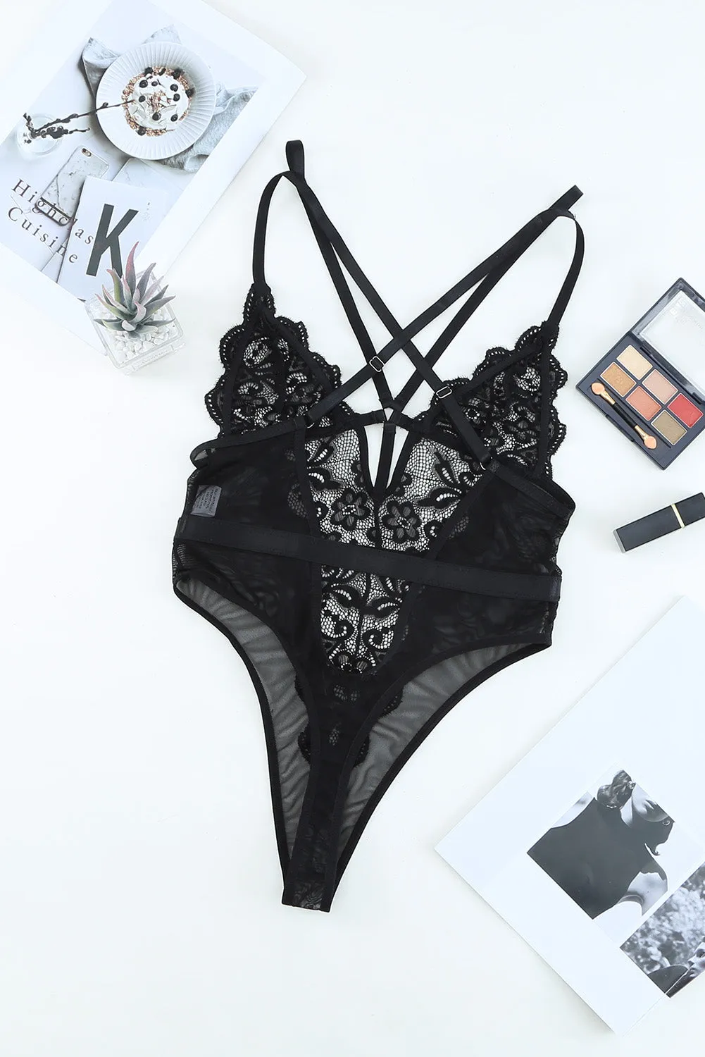 Black Floral Lace Lingerie Bodysuit