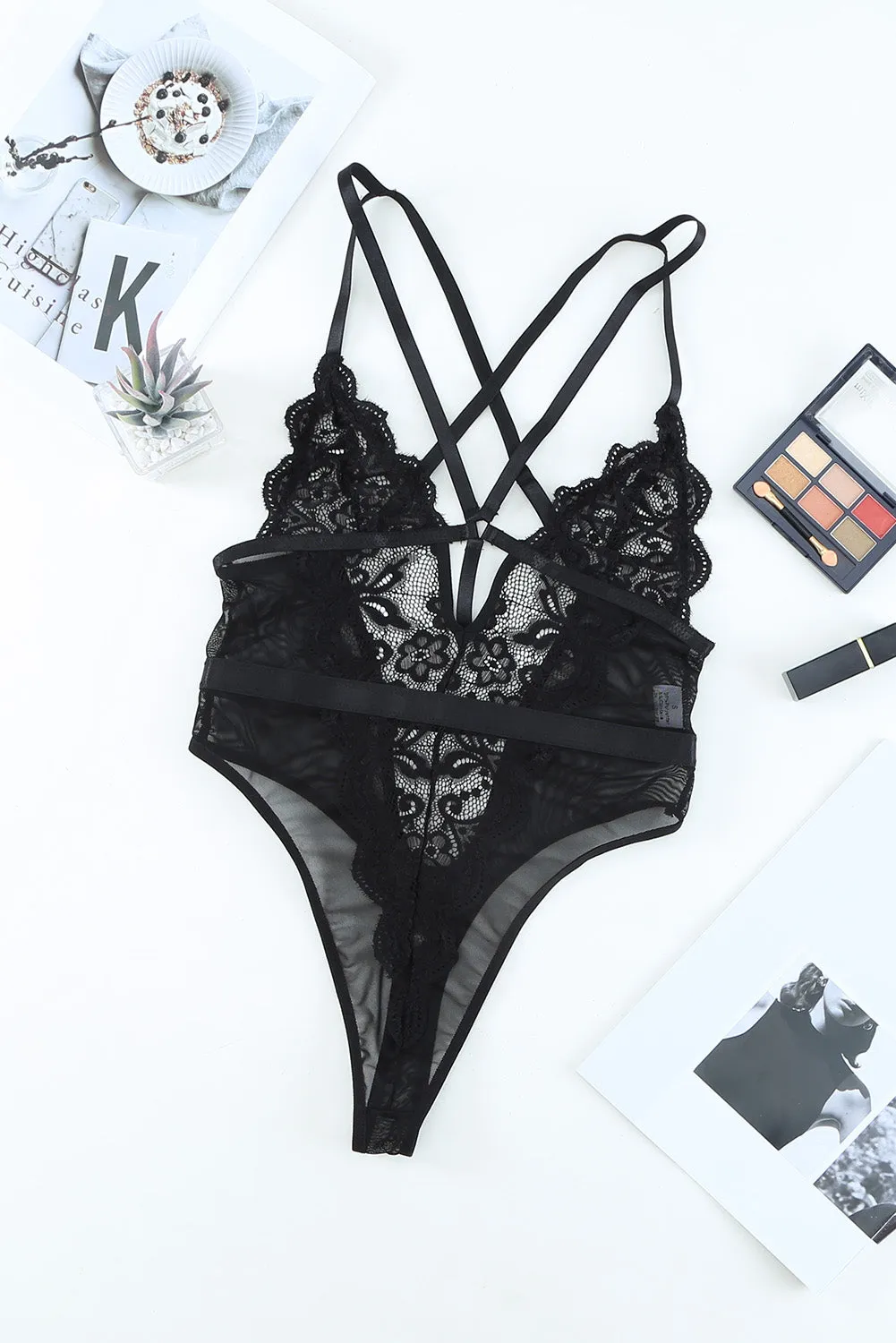 Black Floral Lace Lingerie Bodysuit