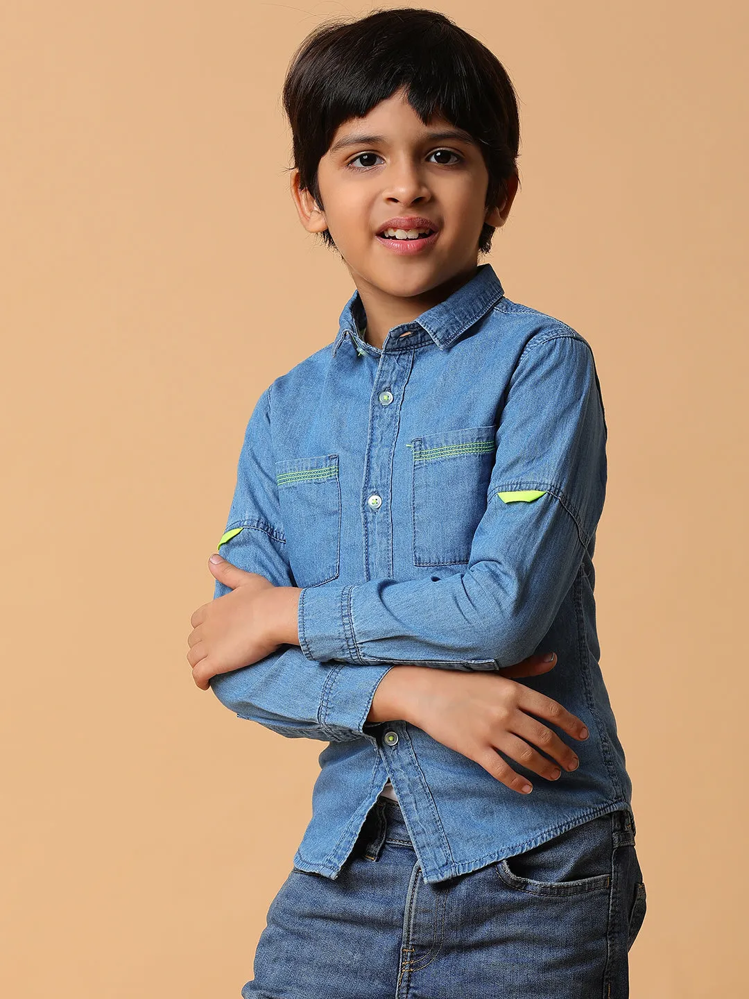 Boys Blue Solid Cotton Shirt