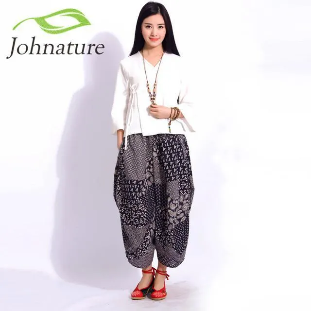 Breathable Bohemian Printing Floral Comfort Pants Women Johnature 2630075