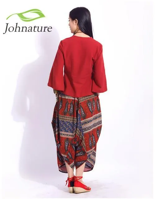 Breathable Bohemian Printing Floral Comfort Pants Women Johnature 2630075