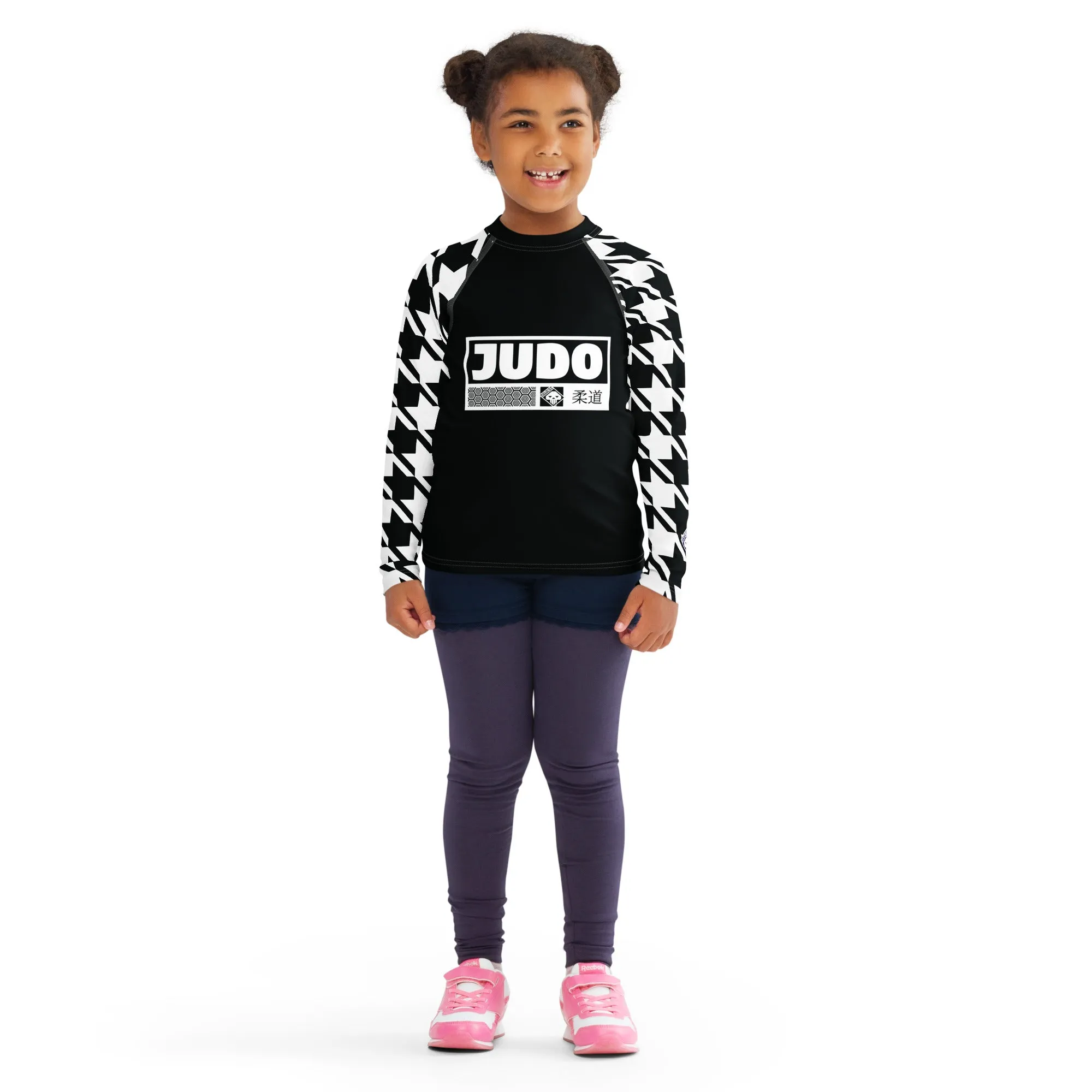 Chic and Comfortable: Houndstooth Judo Long Sleeve Rash Guard for Girls