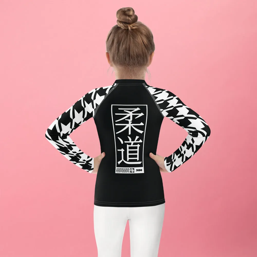 Chic and Comfortable: Houndstooth Judo Long Sleeve Rash Guard for Girls