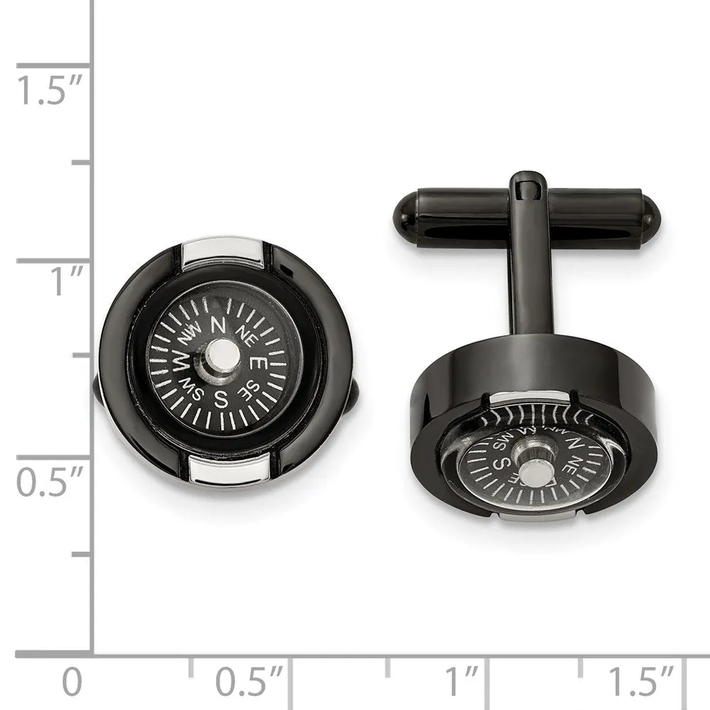 Chisel Stainless Steel Polished Black IP-Plated Functional Compass Cufflinks