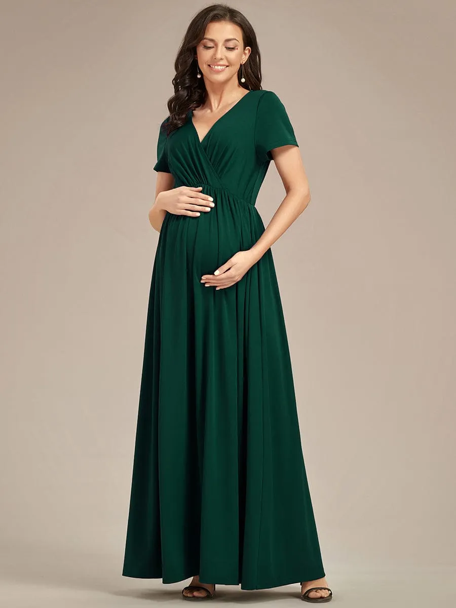 Comfortable Pleated V-Neck Short Sleeve Maternity Dress