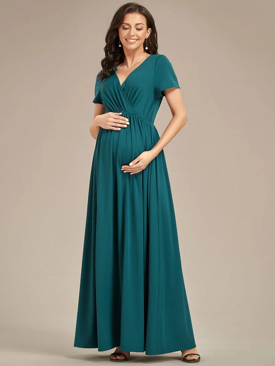 Comfortable Pleated V-Neck Short Sleeve Maternity Dress