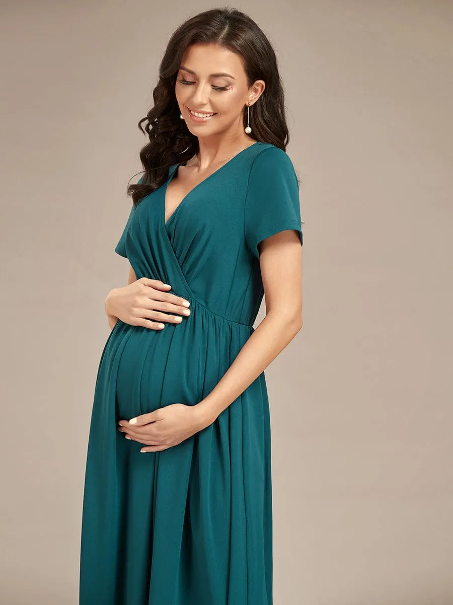 Comfortable Pleated V-Neck Short Sleeve Maternity Dress