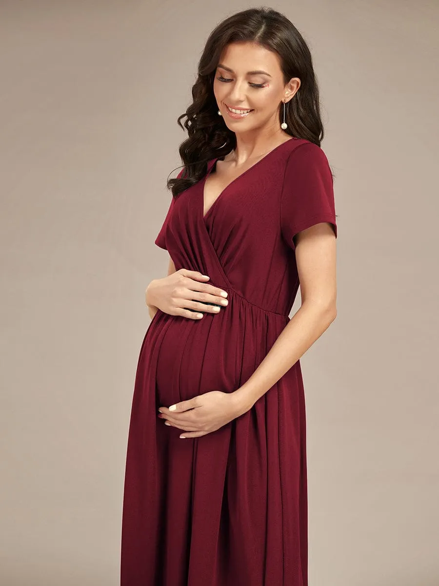 Comfortable Pleated V-Neck Short Sleeve Maternity Dress