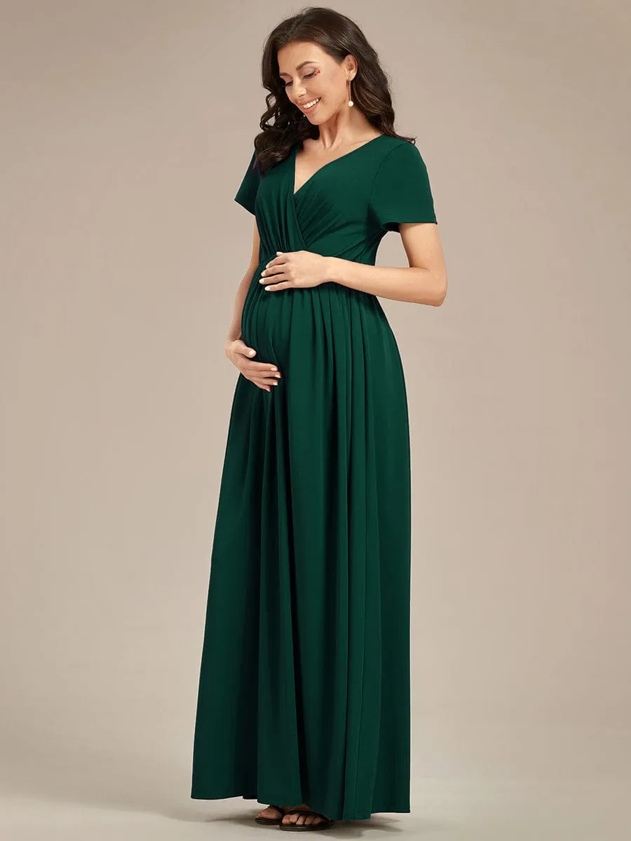 Comfortable Pleated V-Neck Short Sleeve Maternity Dress