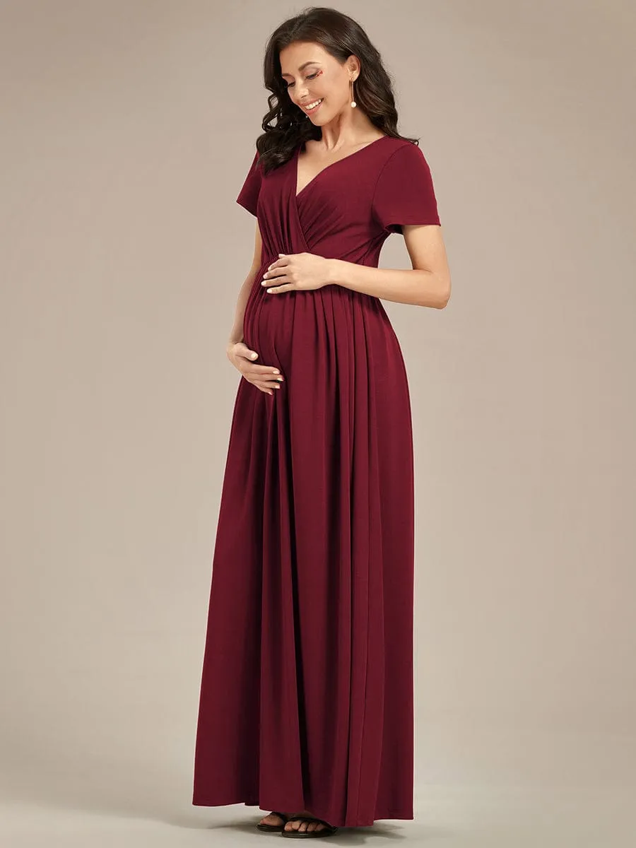 Comfortable Pleated V-Neck Short Sleeve Maternity Dress