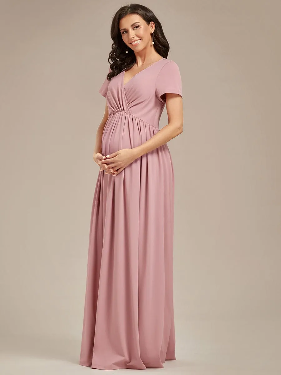 Comfortable Pleated V-Neck Short Sleeve Maternity Dress