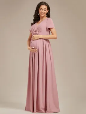 Comfortable Pleated V-Neck Short Sleeve Maternity Dress