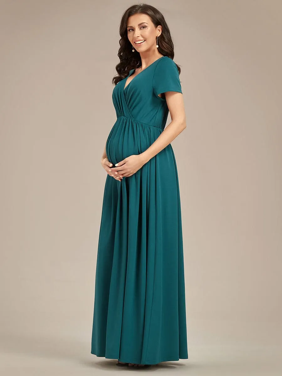 Comfortable Pleated V-Neck Short Sleeve Maternity Dress