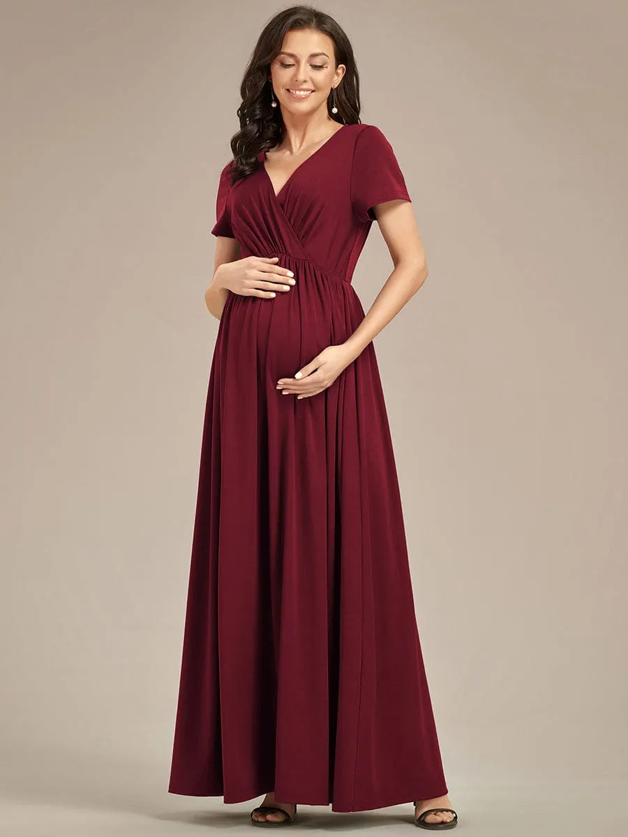 Comfortable Pleated V-Neck Short Sleeve Maternity Dress