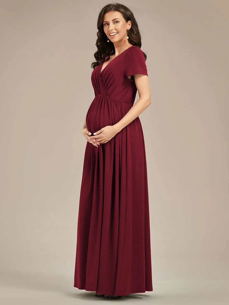 Comfortable Pleated V-Neck Short Sleeve Maternity Dress