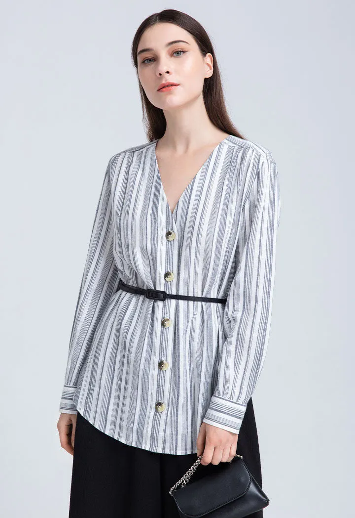 Cotton Stripe V Neck Blouse