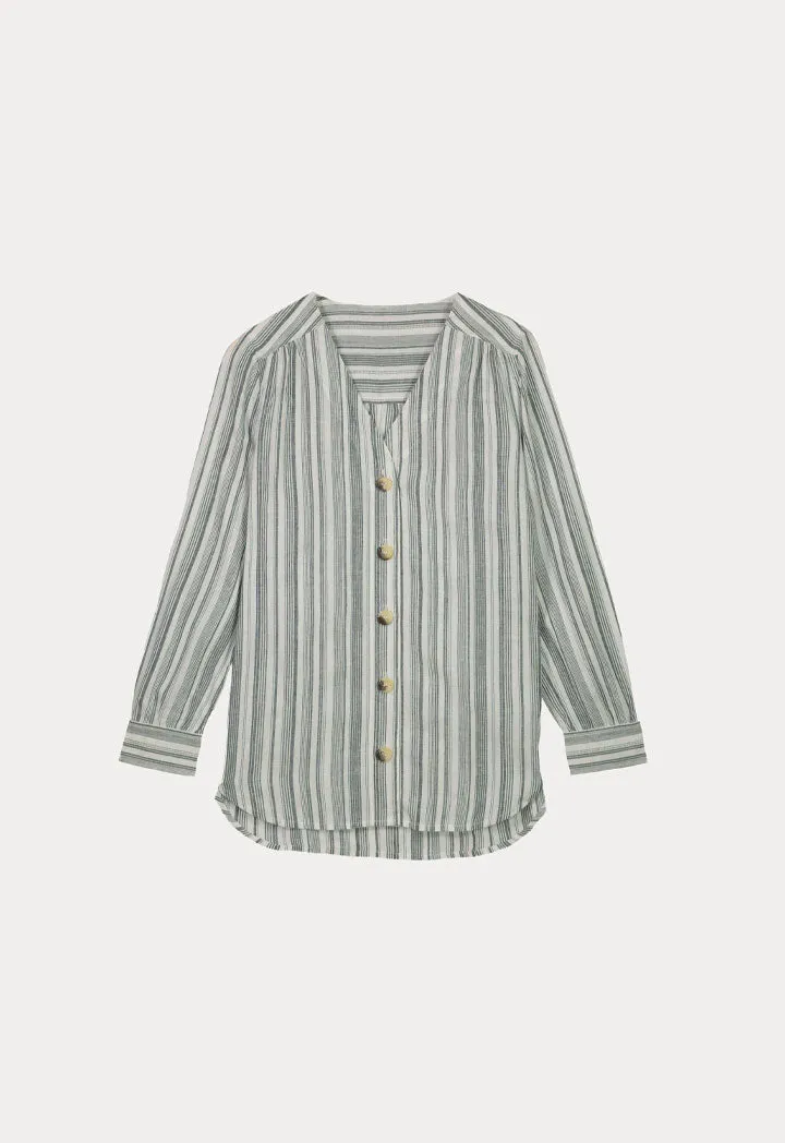 Cotton Stripe V Neck Blouse