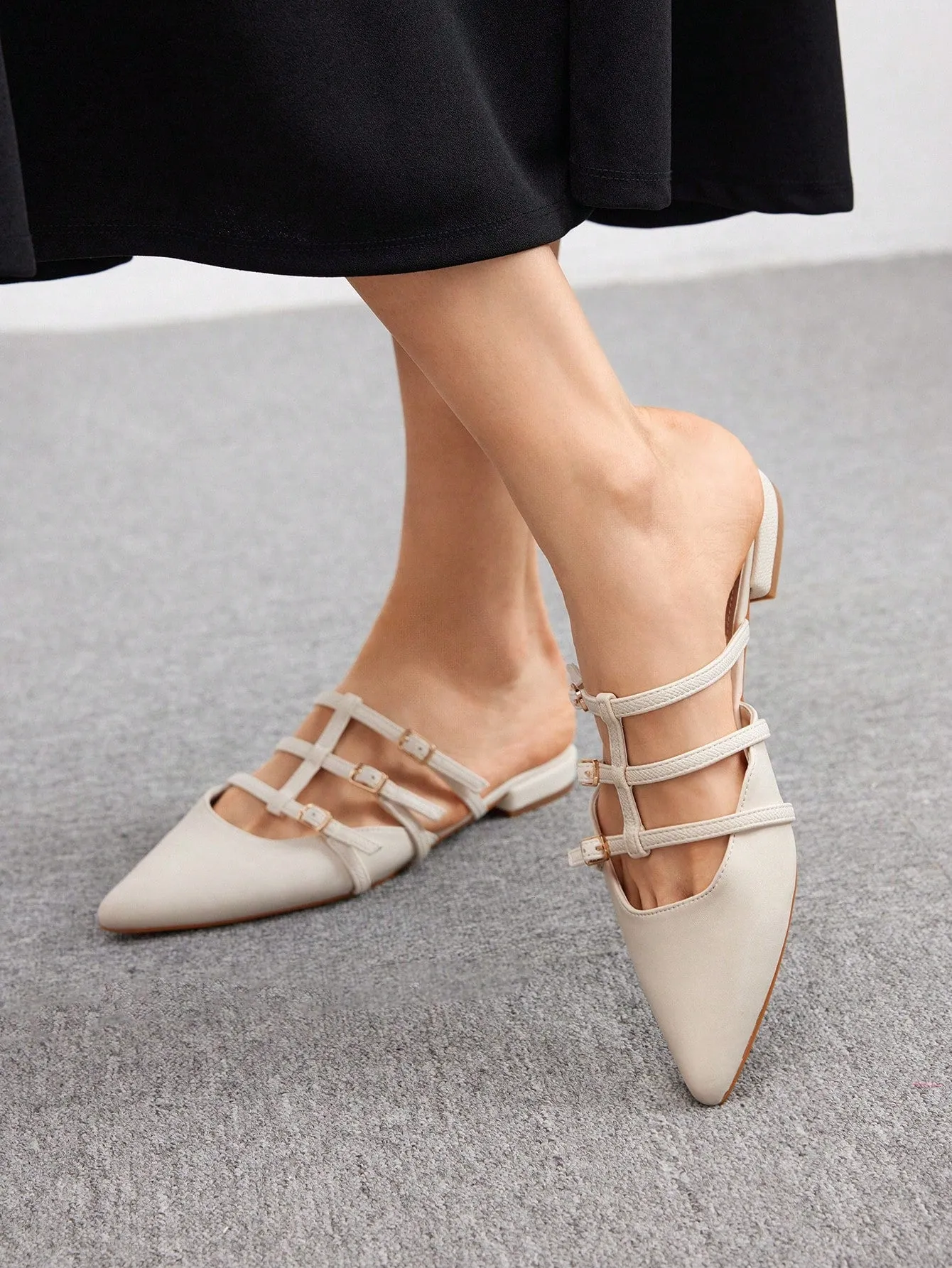 CUCCOO BIZCHIC Retro Women's Comfortable Pointed Toe Shoes, Beige Color With Small Buckle Strap, Flat Heel