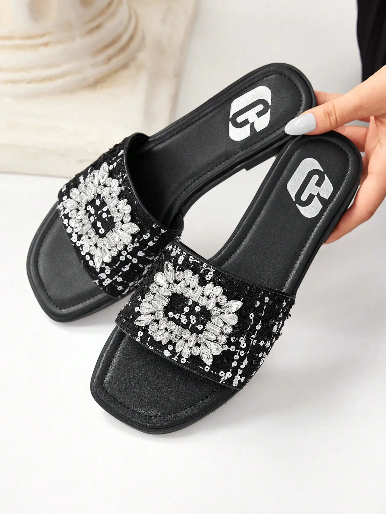 CUCCOO CHICEST Square Toe Comfortable Rhinestone Buckle Women's Flat Sandals, Fashionable