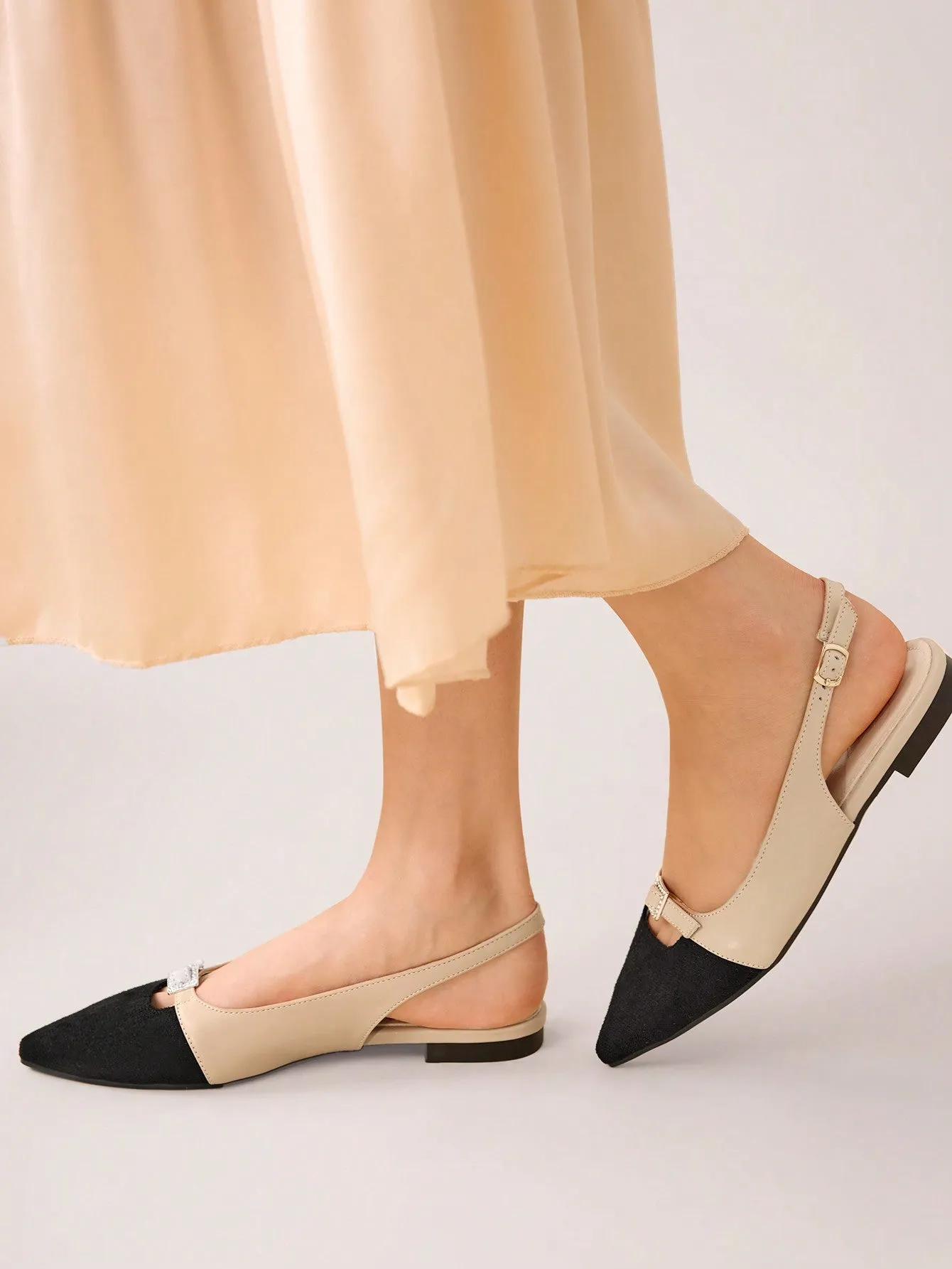 CUCCOO CHICEST Women's Comfortable Pointed Toe Flat Shoes With Rhinestone-Decorated Square Buckle And Open Back Design