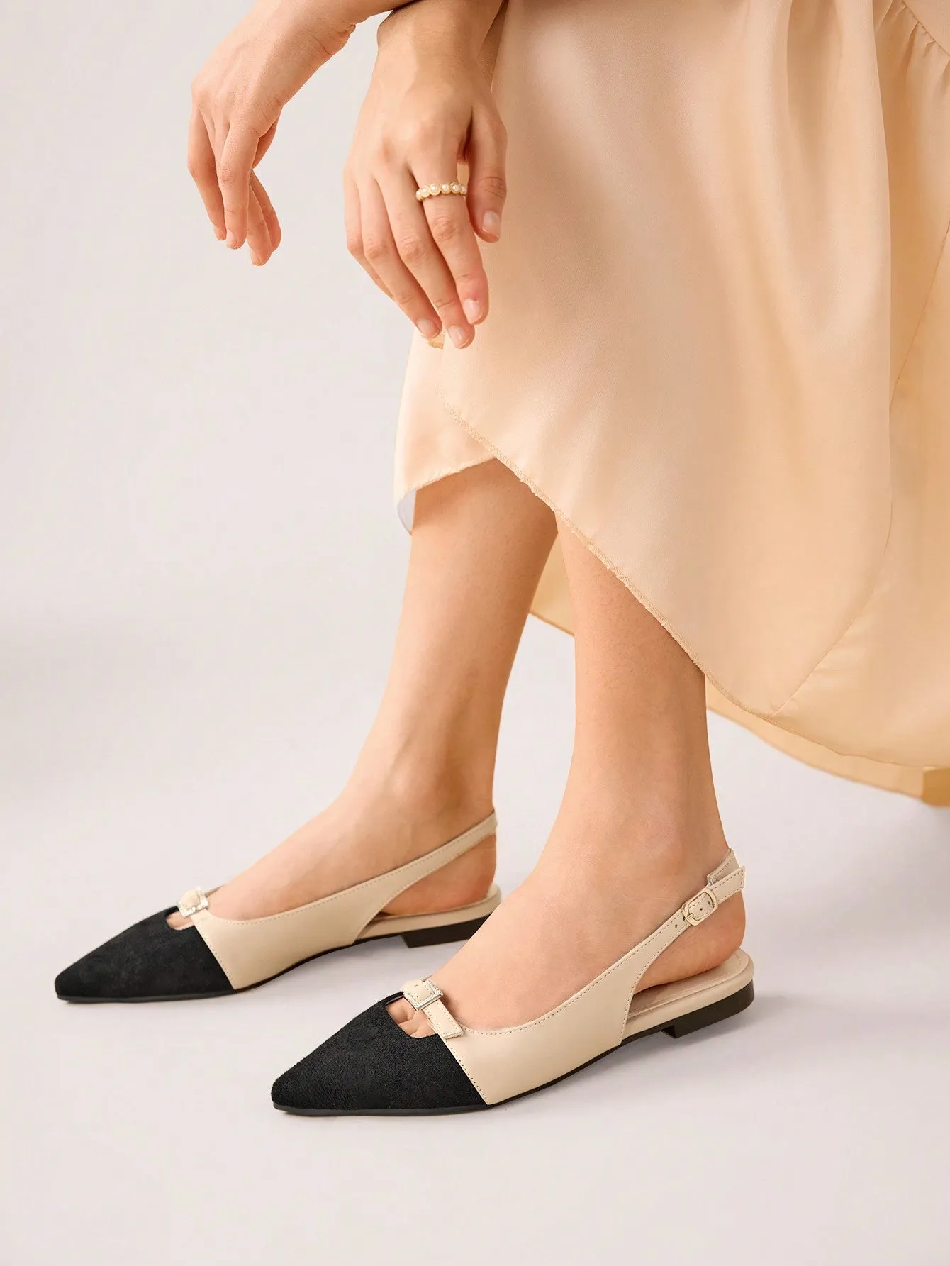 CUCCOO CHICEST Women's Comfortable Pointed Toe Flat Shoes With Rhinestone-Decorated Square Buckle And Open Back Design