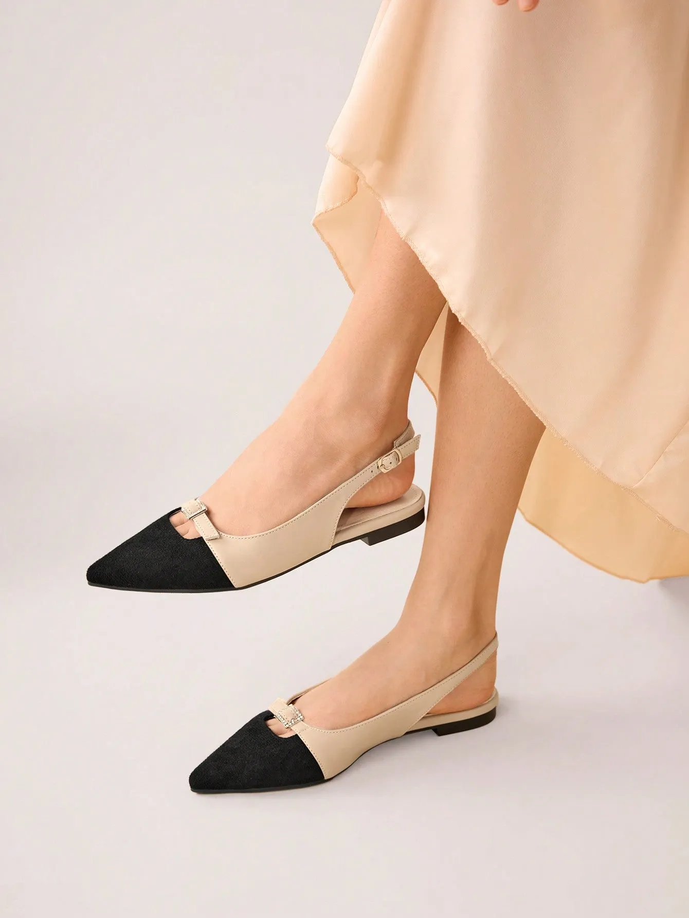 CUCCOO CHICEST Women's Comfortable Pointed Toe Flat Shoes With Rhinestone-Decorated Square Buckle And Open Back Design