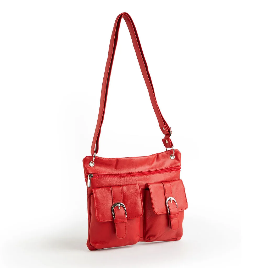 Deluxe Functional Multi Pocket Leather Crossbody Bag - Red