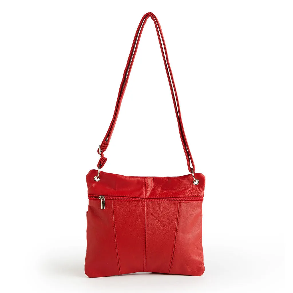 Deluxe Functional Multi Pocket Leather Crossbody Bag - Red