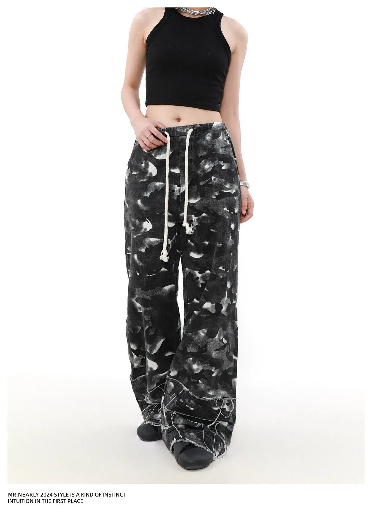 Drawstring Raw Edge Camo Pants