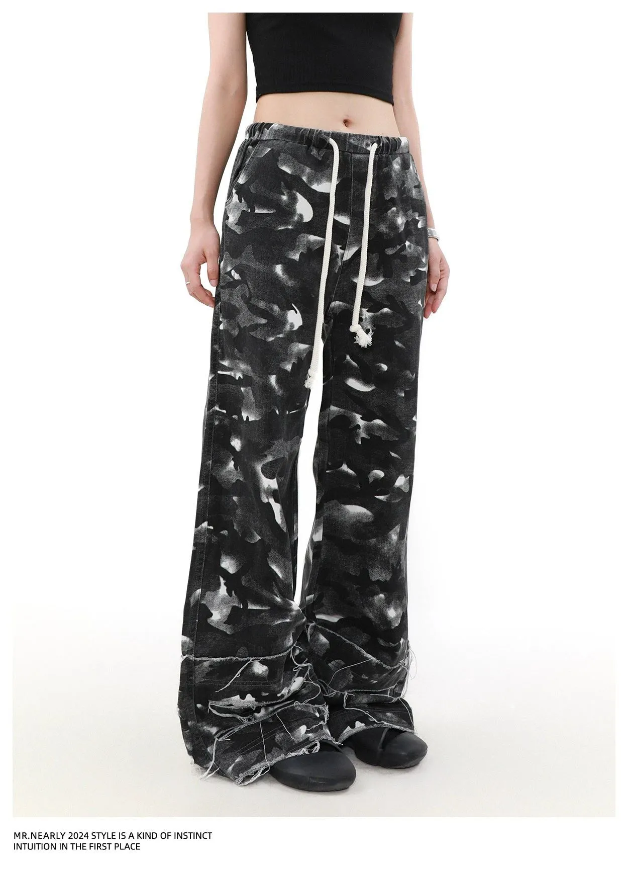 Drawstring Raw Edge Camo Pants