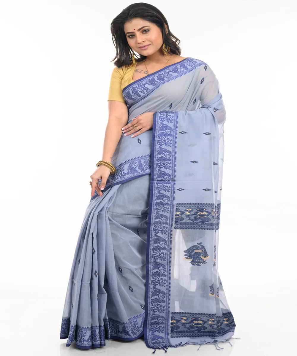 Grey cotton handwoven shantipuri saree