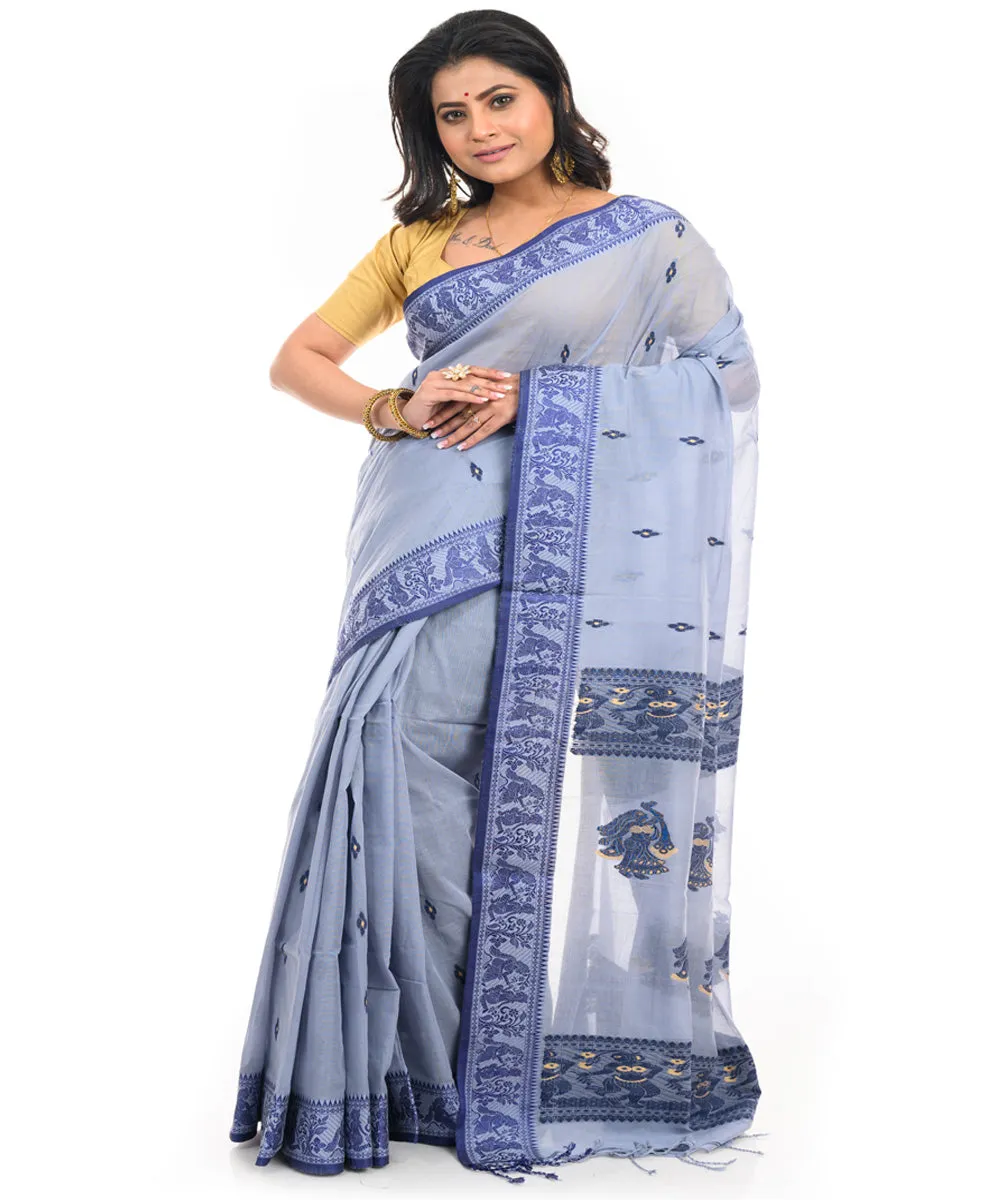 Grey cotton handwoven shantipuri saree