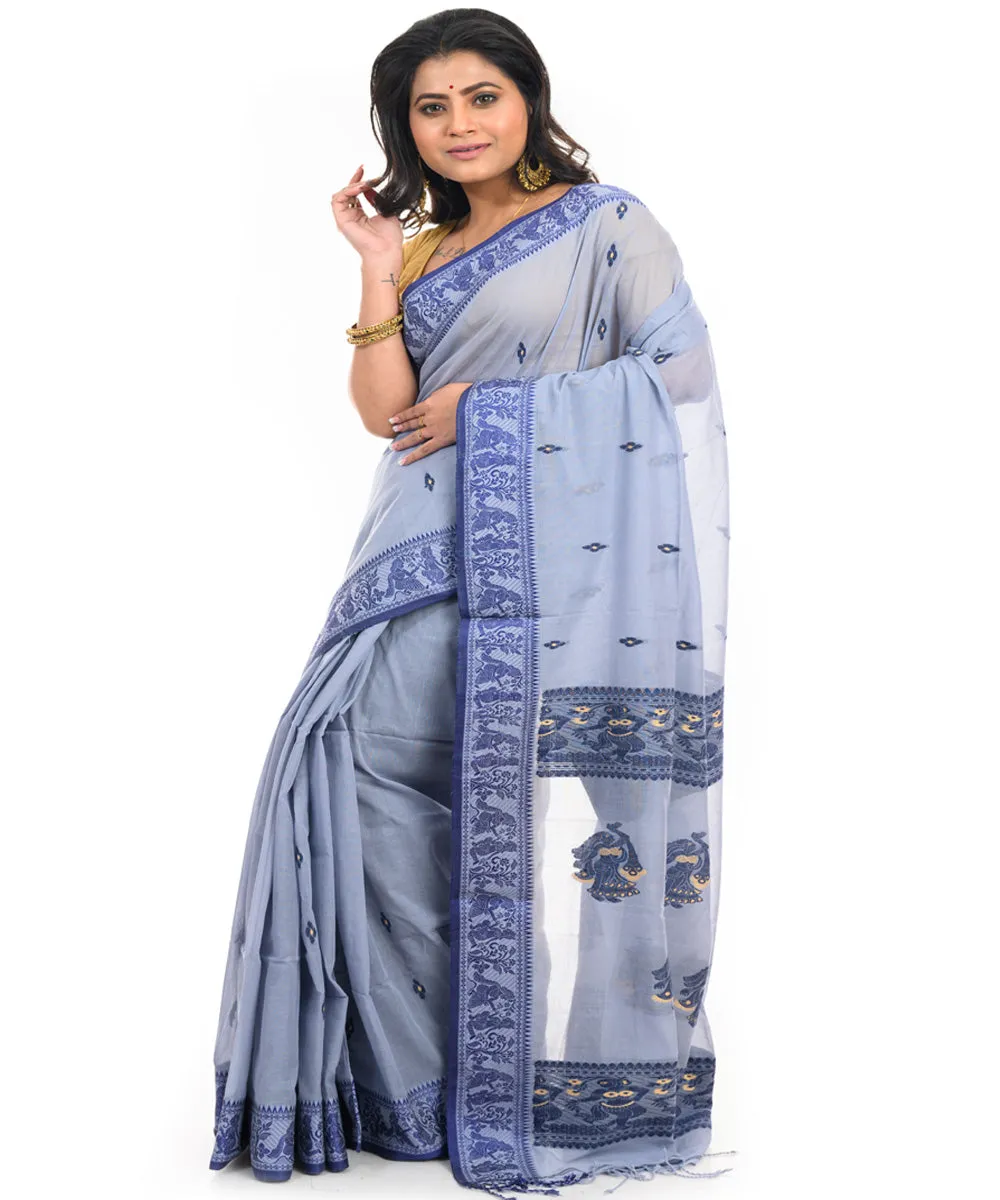 Grey cotton handwoven shantipuri saree