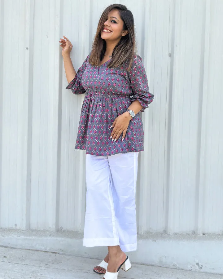 Grey Floral Cotton Peplum Top