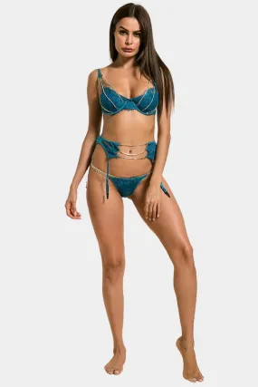 Lace Crystal Chain 3 Piece Sexy Lingerie Set-Turquoise