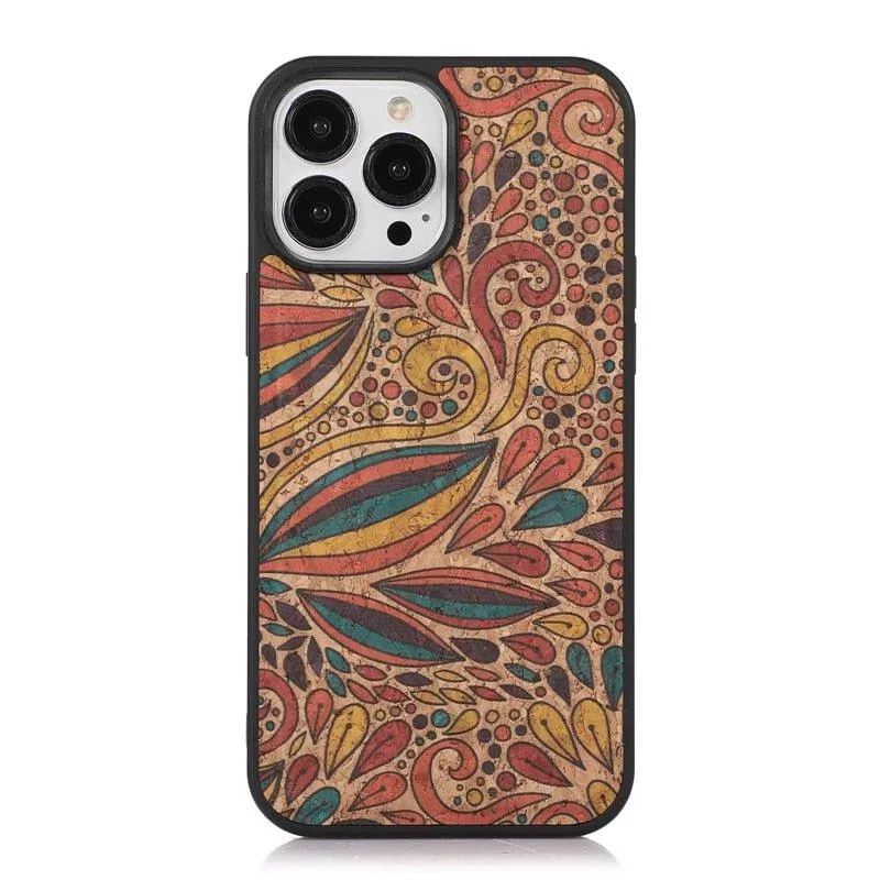 Nobilis Floral Pattern Breathable Cork Wood iPhone Case with Soft Shockproof Silicone Bumper