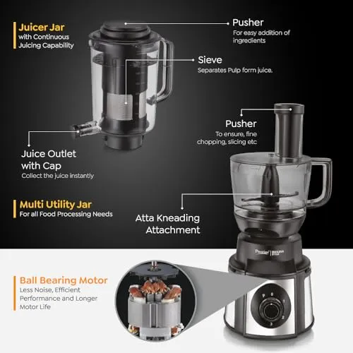 Prestige Endura Pro 1000W Multi Functional Mixer Grinder with Ball Bearing Technology|6 Jars with food processing attachments |14 different functionalities