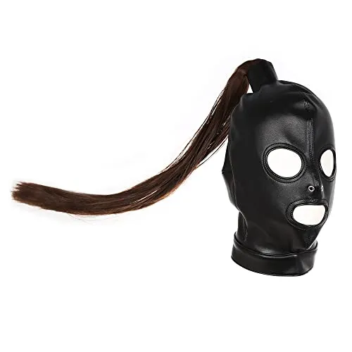 PU Leather Bondage Mask Hood SM Sex Toy with Removable Wig, Unisex Adult Eyes and Mouth Open Black Restraint Headgear Mask Hood Breathable Blindfold Face Cover Blindfold Cosplay