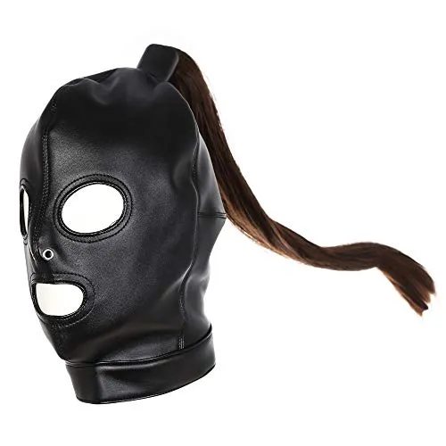 PU Leather Bondage Mask Hood SM Sex Toy with Removable Wig, Unisex Adult Eyes and Mouth Open Black Restraint Headgear Mask Hood Breathable Blindfold Face Cover Blindfold Cosplay