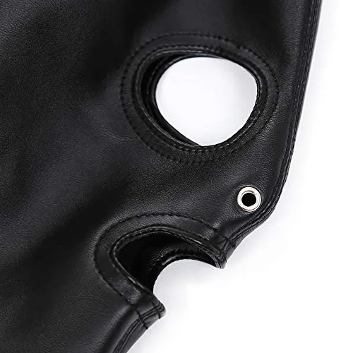 PU Leather Bondage Mask Hood SM Sex Toy with Removable Wig, Unisex Adult Eyes and Mouth Open Black Restraint Headgear Mask Hood Breathable Blindfold Face Cover Blindfold Cosplay