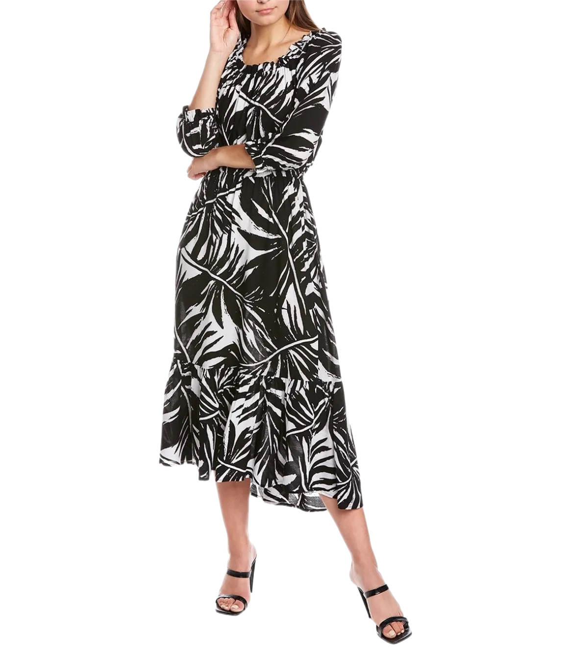 Ruffled Printed Textured Breathable Rayon Crepe Dress with elastic waist and self belt in black floral print