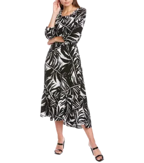 Ruffled Printed Textured Breathable Rayon Crepe Dress with elastic waist and self belt in black floral print