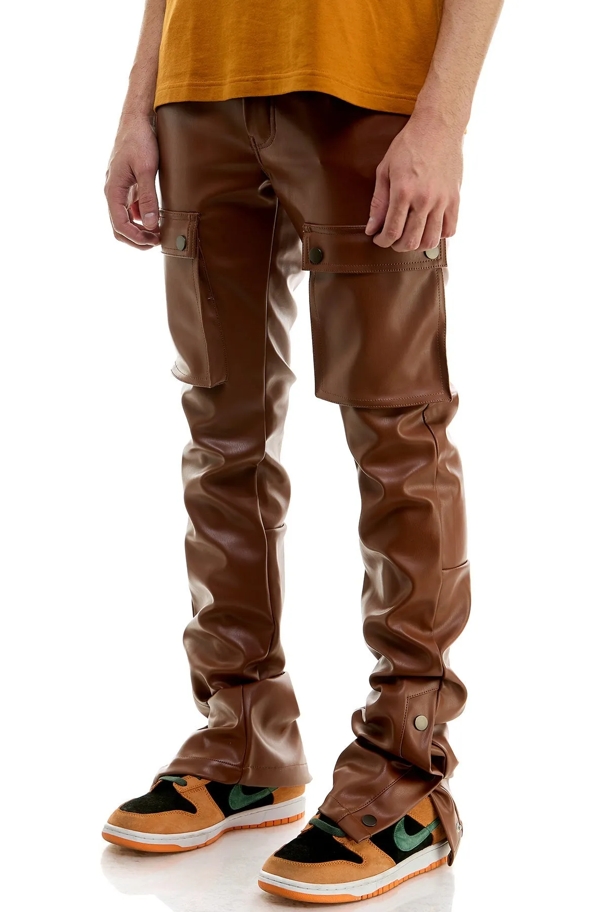 Skinny Stacked Pants Cargo Pockets Flare Fit Brown Leather Pants