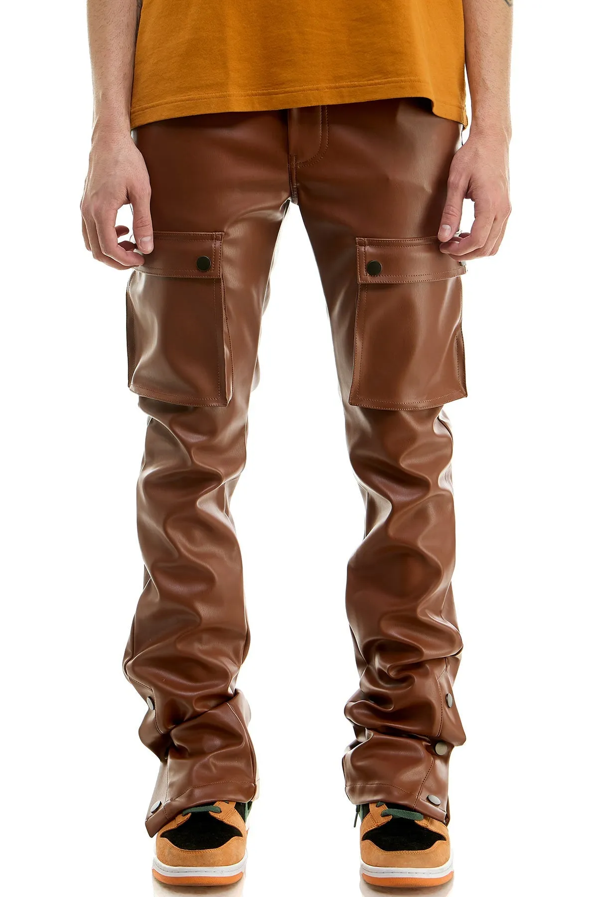 Skinny Stacked Pants Cargo Pockets Flare Fit Brown Leather Pants