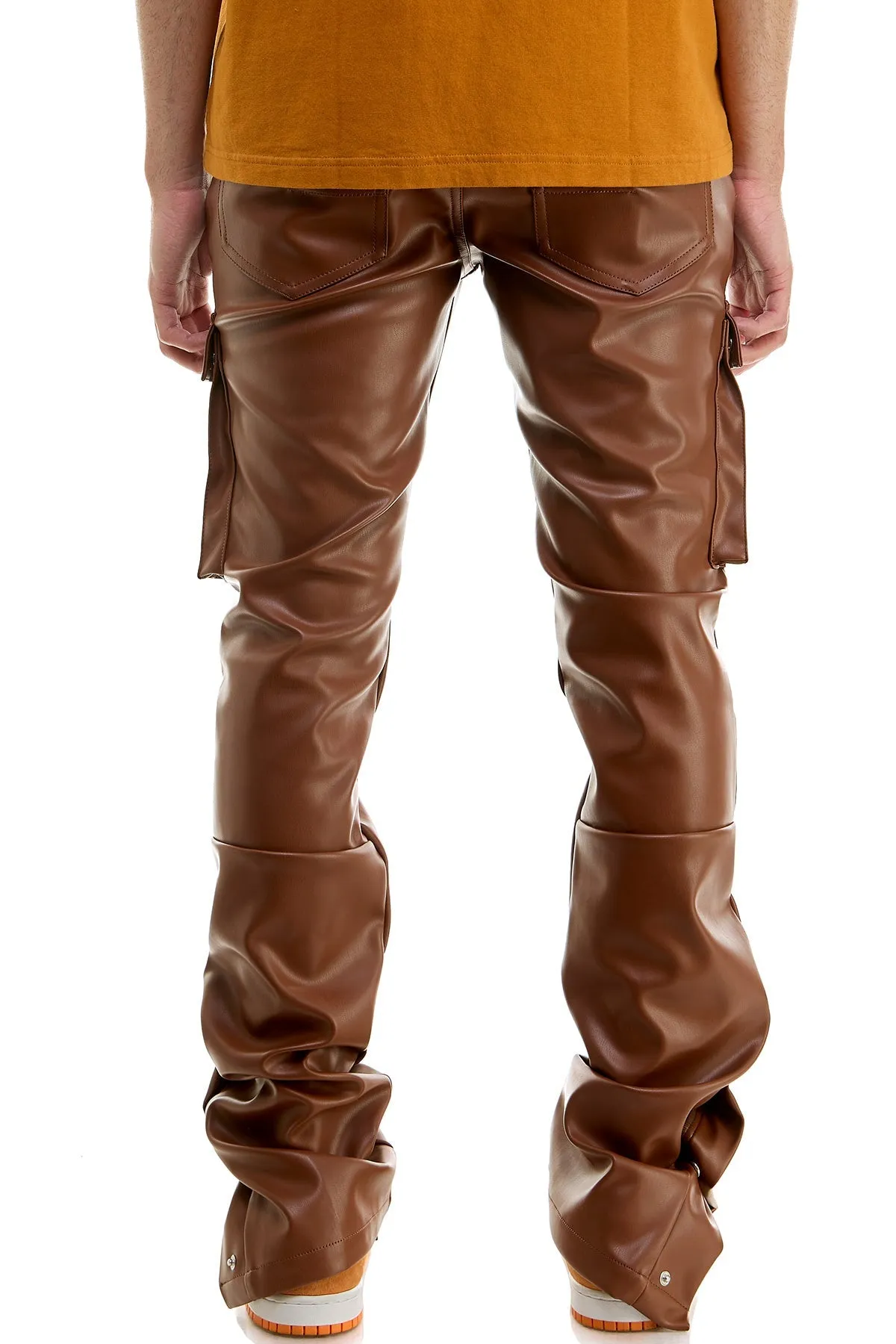 Skinny Stacked Pants Cargo Pockets Flare Fit Brown Leather Pants