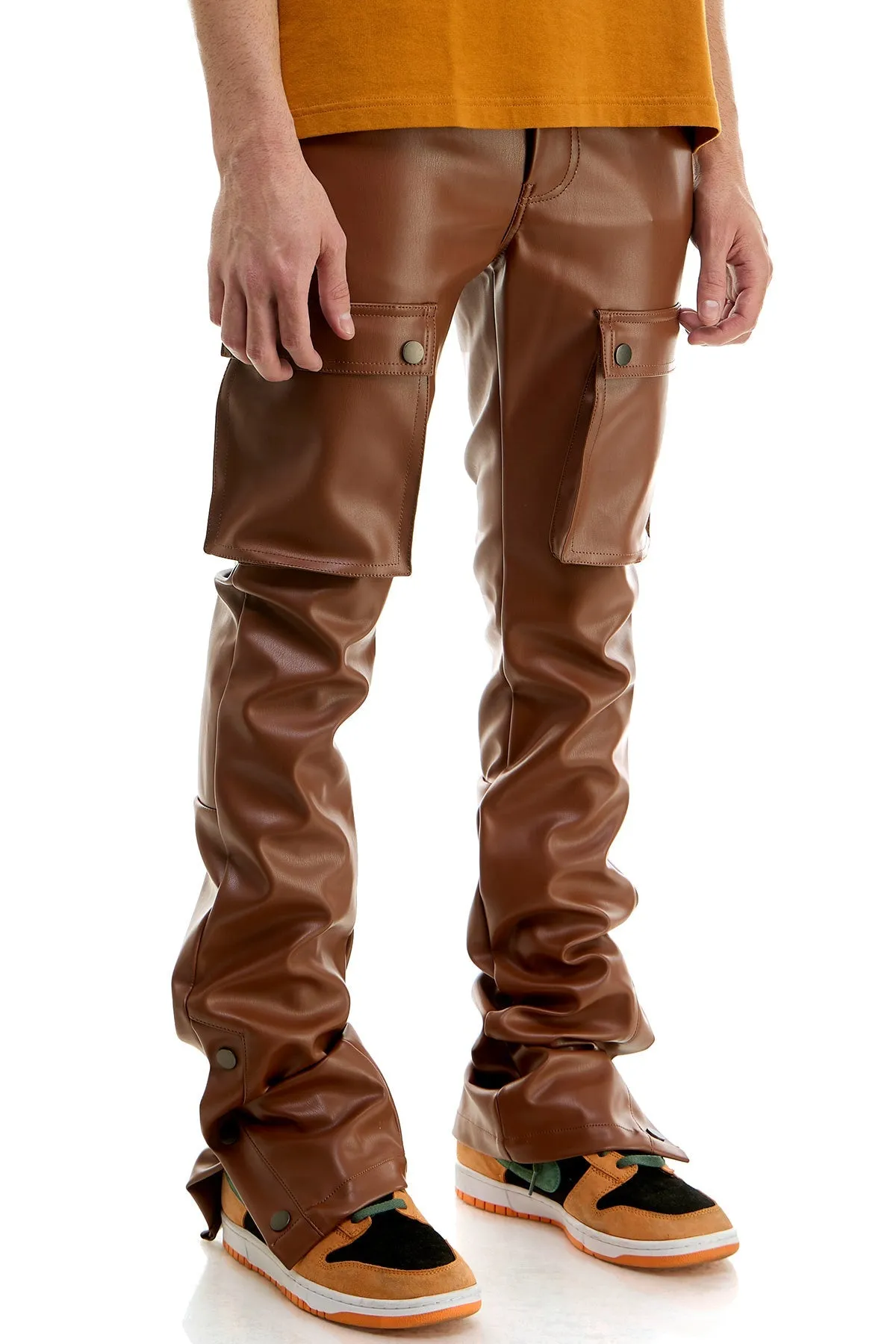 Skinny Stacked Pants Cargo Pockets Flare Fit Brown Leather Pants