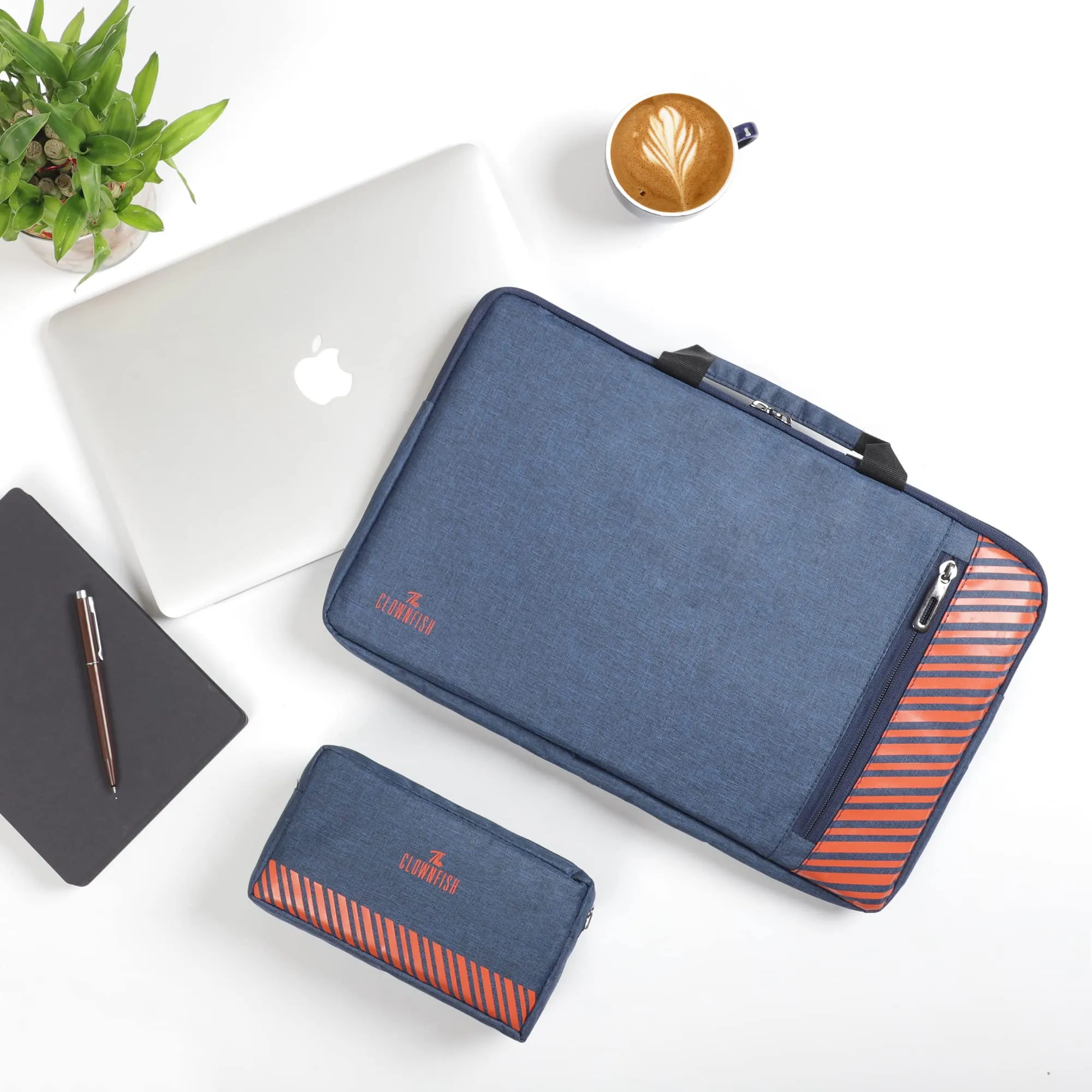 The Clownfish Combo of Rex Series Polyester 15.6 inch Laptop Sleeve with Comfortable Carry Handle & Scholar Series Multipurpose Polyester Travel Pouch Pencil Case Toiletry Bag (Blue)