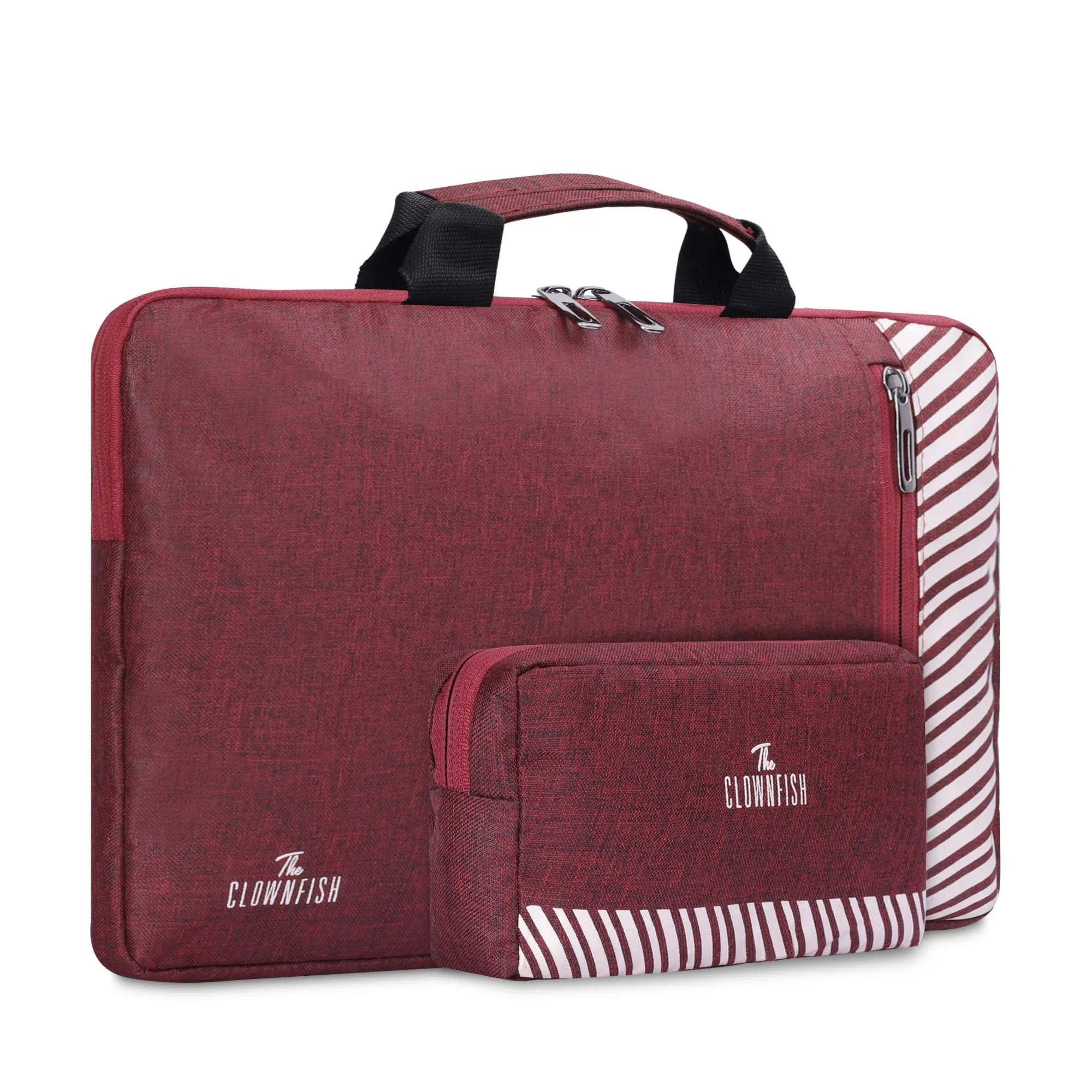 The Clownfish Combo of Rex Series Polyester 15.6 inch Laptop Sleeve with Comfortable Carry Handle & Scholar Series Multipurpose Polyester Travel Pouch Pencil Case Toiletry Bag (Maroon)